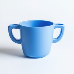 A baby cup with a handle, in a blue color, product photography, simple design, made of matte plastic material, with a lid on top of the cup and a spout for pouring water out. The front view shows that