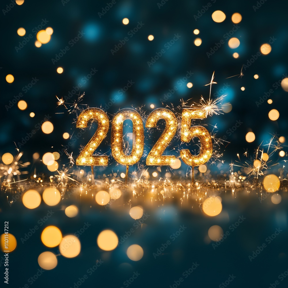 Poster an eye-catching new year display featuring giant gold numbers for the year framed by fireworks and s