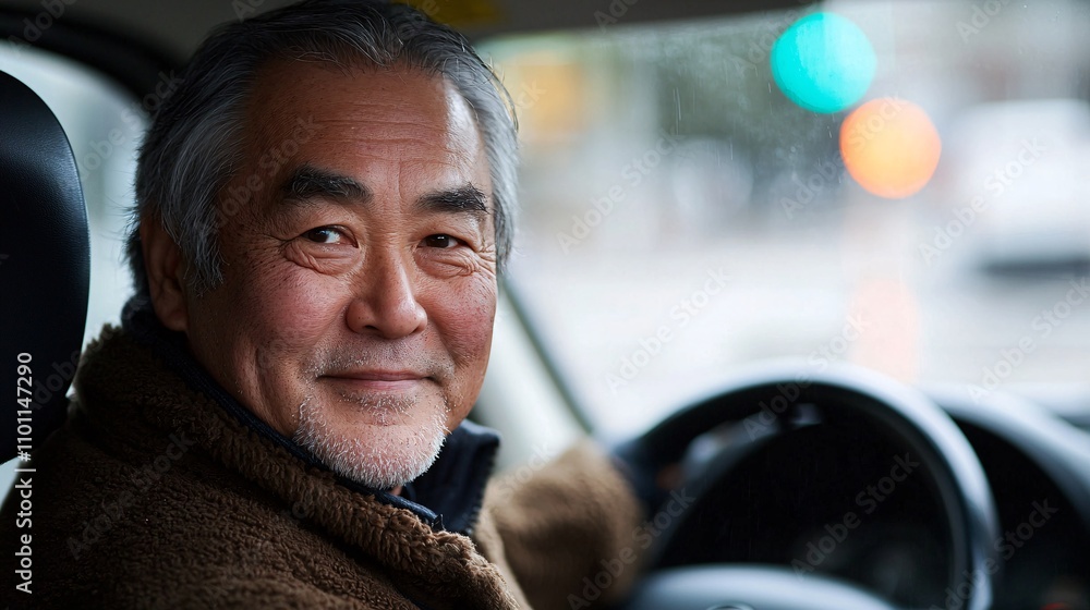 Poster a driving instructor demonstrating the use of adaptive controls for an elderly asian learner stock p