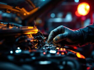 Nighttime car diagnostics with advanced electronic tools.