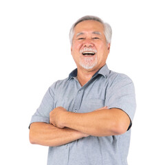 Portrait Asian senior man , old man , standing arms crossed feel happy good health , laughing isolated on a transparent background - lifestyle senior male concept