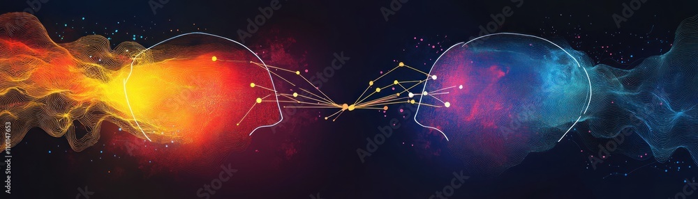 Aufkleber abstract representation of two heads connecting through vibrant energy and data flow.