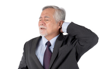 Asian senior man , old man with suit , He had pain in the nape of his neck caused by sleeping on a pillow that is not correct posture  isolated on a transparent background - Senior people