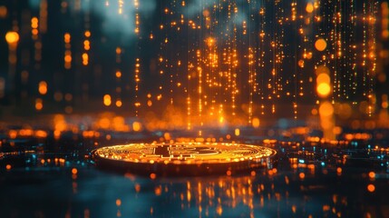 Obraz premium A gold bitcoin coin sits on a dark, textured surface with an ethereal, glowing, orange, and yellow rain of particles falling down over it.