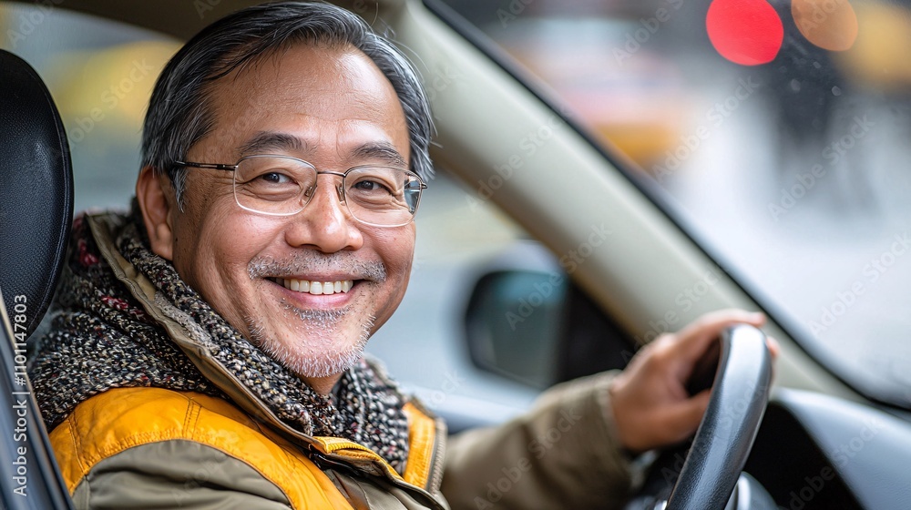Poster an asian senior driver testing out an automatic transmission car in a beginner-friendly driving scho