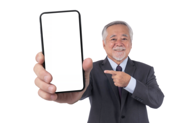 Asian senior businessman , old man with suit feel happy good health showing big smart phone with blank screen , white screen isolated on a transparent background , Mock Up Image