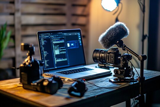 A content creator on a white background features a sleek digital workspace optimized with a laptop, camera, and microphone, highlighting contemporary technology.