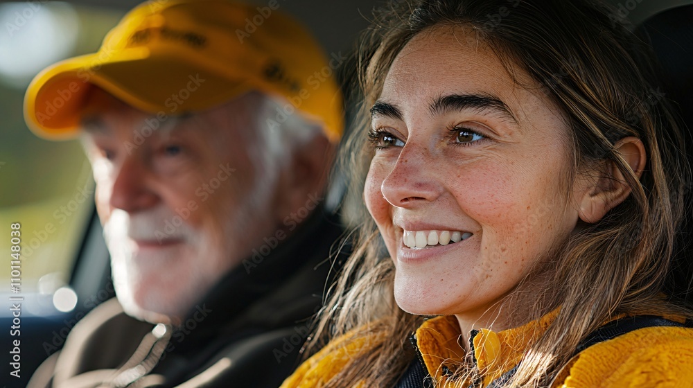 Aufkleber An elderly student learning to drive in an adaptive car with accessible controls and a supportive instructor Stock Photo with side copy space