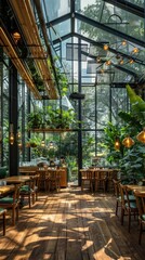 Enchanting greenhouse style cafe interior with lush greenery blooming plants and natural sunlight streaming through glass walls creating a serene and tranquil dining experience
