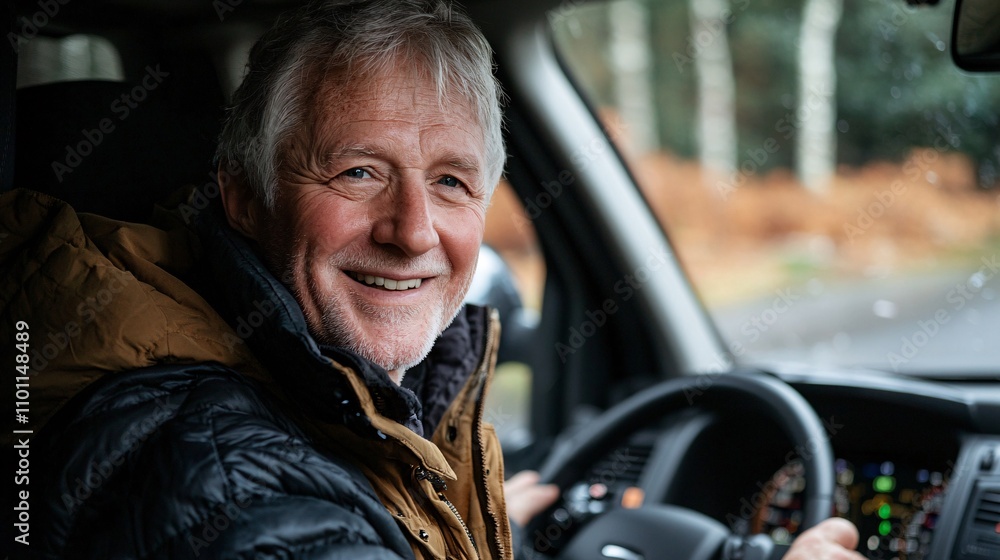 Poster a senior learning to use gps navigation during a driving lesson aimed at promoting independence stoc