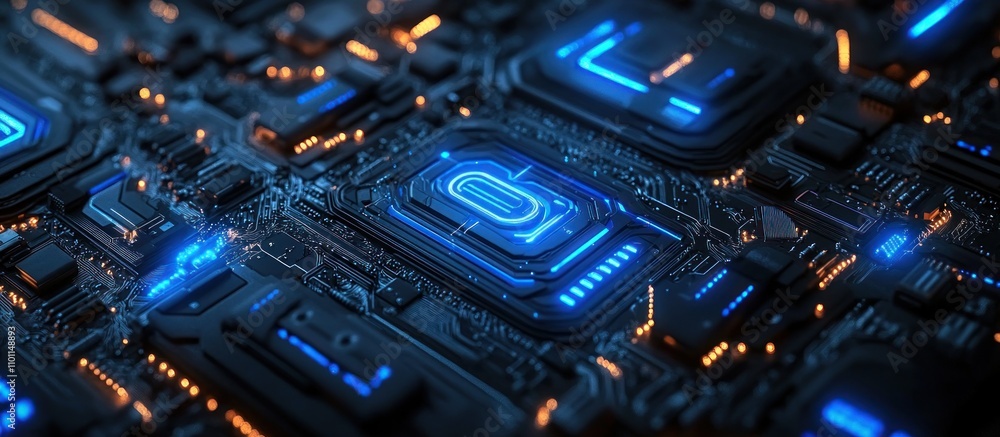 Poster close-up of a futuristic circuit board with glowing blue lines and a central processor.
