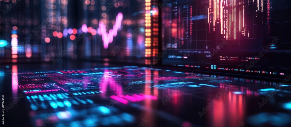 Poster abstract glowing blue and pink neon light data display screen on a shiny surface with blurred backgr