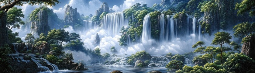 Obraz premium A serene landscape featuring majestic waterfalls surrounded by lush greenery and mist.
