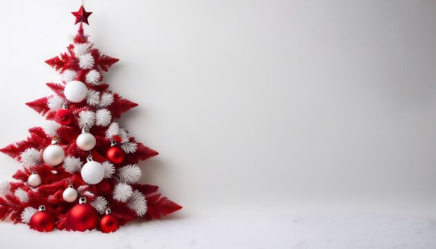 Festive holiday scene with a red and white ornament decorated christmas tree standing in the snow against a white background