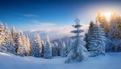 Obraz premium Gorgeous winter scenery with sunlit snow covered pine trees in a mountain forest, evoking a magical ambiance at sunrise