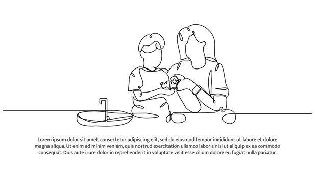 One continuous line design of a mother teaches a boy to wash his hands in the sink. Minimalist style vector illustration on white background.