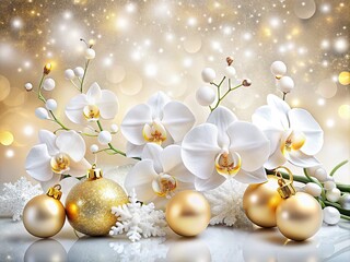 Fototapeta premium Christmas Panoramic Background: White Orchids & Golden Ornaments
