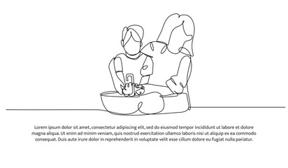 One continuous line design of a mother teaches a boy to wash his hands in the sink. Minimalist style vector illustration on white background.