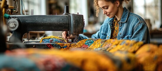 A woman sewing colorful fabric at a sewing machine in a creative workspace.