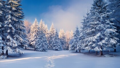 Obraz premium Tranquil winter scene with footprints in fresh snow winding through snow covered fir trees in the sunlight