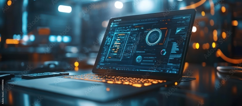 Poster laptop with a blue and orange glowing screen displaying a complex data visualization.