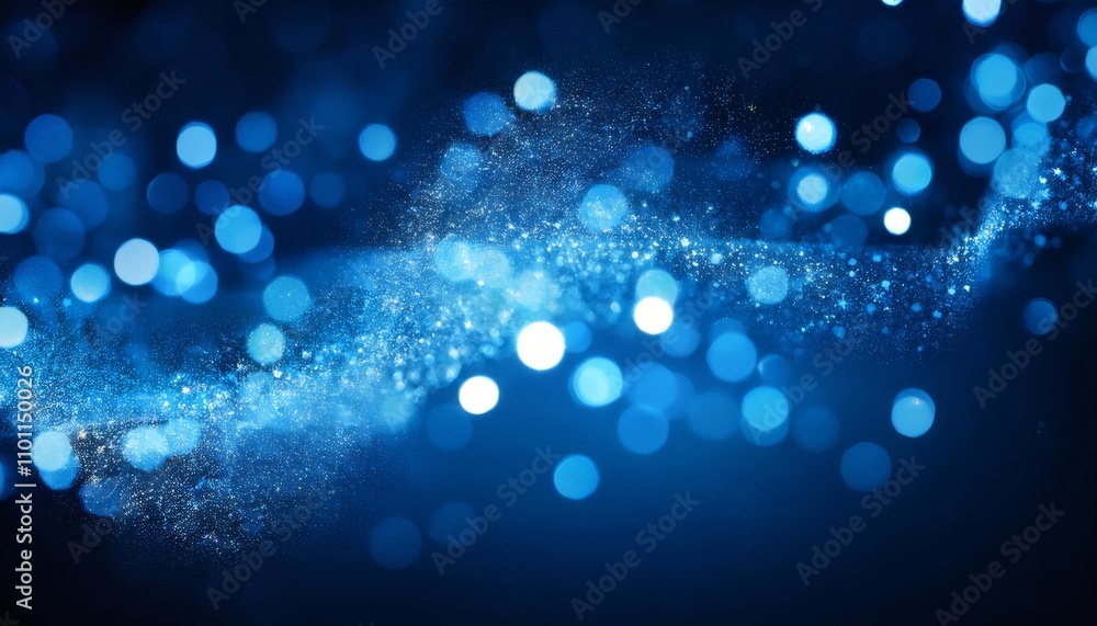 Poster swirling wave pattern of abstract blue particles with bokeh effect, ideal for digital art and backgr