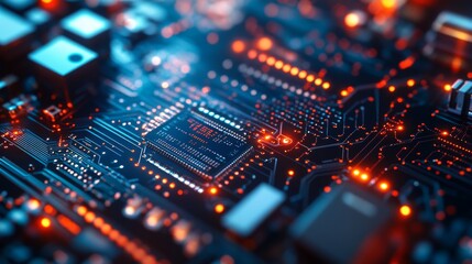Obraz premium An intricate circuit board with glowing components, close-up view with illuminated parts, Tech-inspired style