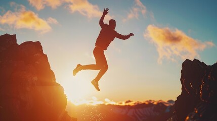 Silhouette of a person jumping, Hiking Cliff in the sun set, Motivation, Happiness, Exhilaration, Joy Concept, undefeatable HD Wallpaper fitness banner