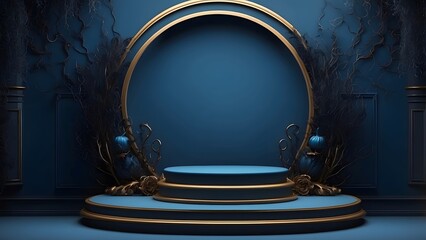 round podium banner with empty space, Blue luxury Halloween theme background,holiday poster promo sale banner background for advertisement ad