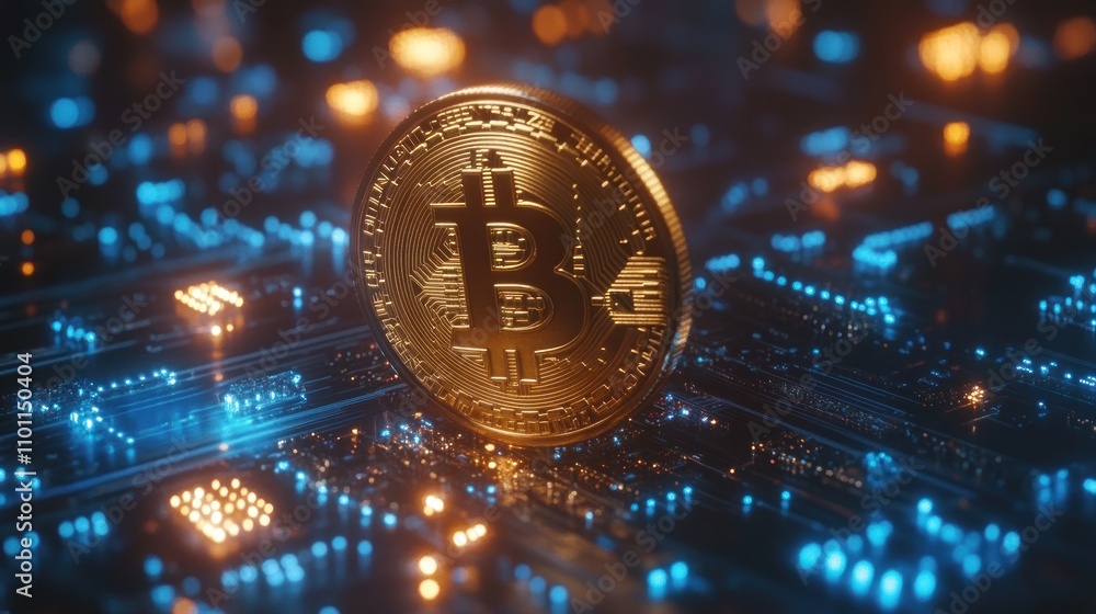 Poster a single golden bitcoin coin sits on a circuit board, a symbol of digital currency and blockchain te