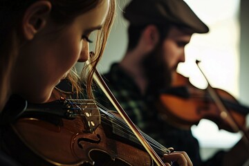 Irish folk songs embody traditional music's spirit, showcasing musicians in a studio with instruments like the fiddle and bodhrán, highlighting a vibrant cultural legacy.