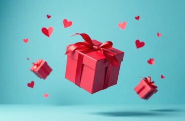Gifts flying in the air on a blue background. Concept gift for a loved one, birthday, Valentine's Day. Levitation