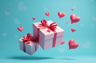 Obraz premium Gifts flying in the air on a blue background. Concept gift for a loved one, birthday, Valentine's Day. Levitation