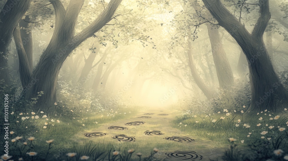 Poster a misty forest path lined with flowers, creating a serene and enchanting atmosphere.