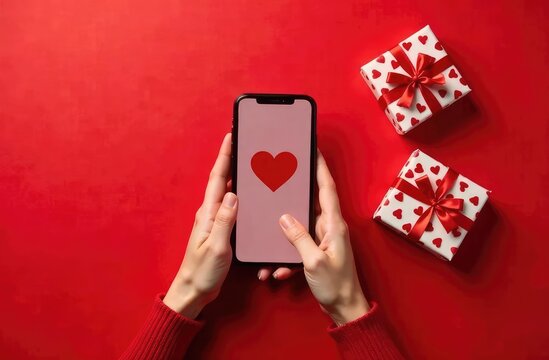 First person top view photo of st valentine's day decor young woman's hands holding smartphone checkered hearts red and white gift boxes on isolated red background with empty space