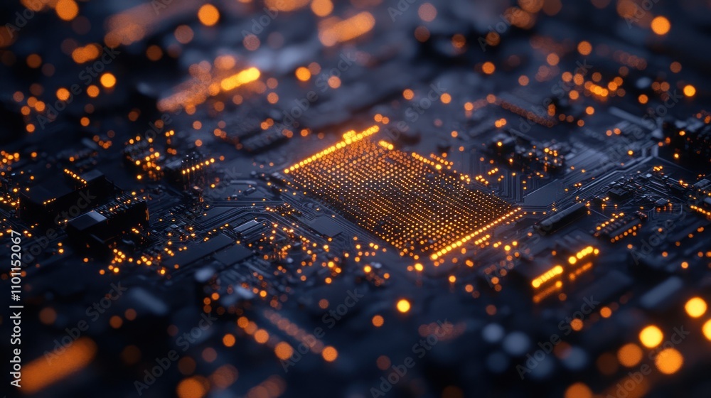 Poster close-up of a glowing computer chip on a circuit board.