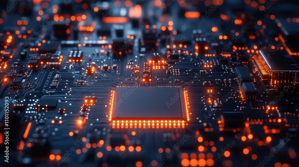 Poster close-up of a glowing microprocessor on a circuit board.