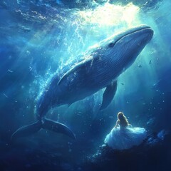 Obraz premium A young woman in a white dress gazes up at a large blue whale swimming overhead. The whale appears to be swimming towards the surface, with sunlight shining down from above.