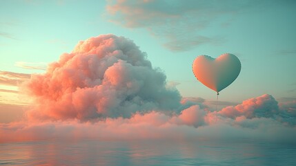 Fototapeta premium A heart-shaped hot air balloon floating above colorful clouds at sunset.