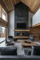 Fototapeta premium Cozy Mountain Cabin Interior with Fireplace and Wooden Decor