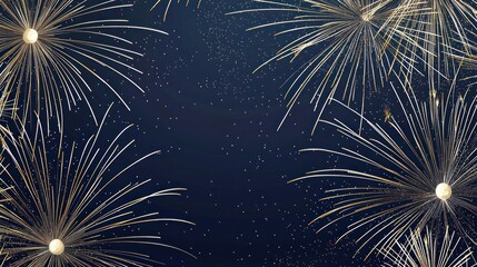 Obraz premium Artistic New Year design with negative space fireworks shown as thin, intersecting lines. The background transitions from deep navy to midnight blue, with subtle, abstract color splashes in gold 