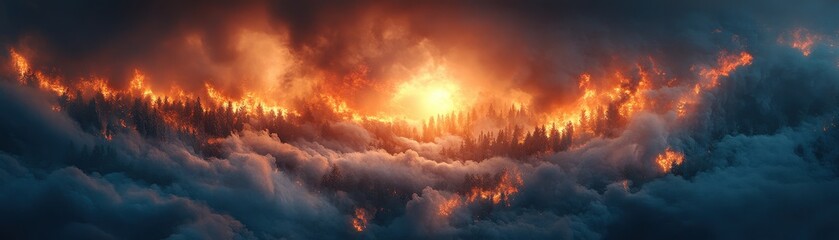 Obraz premium Dramatic Forest Fire with Intense Flames and Smoke in a Dense Woodland Setting Captured at Sunset