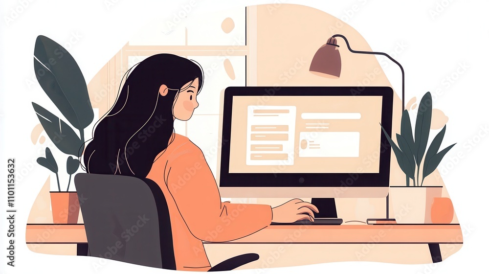 Poster a woman works at a computer in a cozy workspace filled with plants, emphasizing a productive and ser