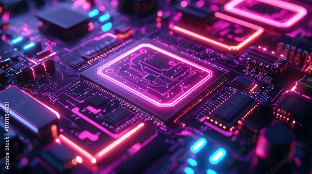 Poster a close-up of a glowing pink and blue circuit board with a central processor unit.