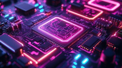 Obraz premium A close-up of a glowing pink and blue circuit board with a central processor unit.