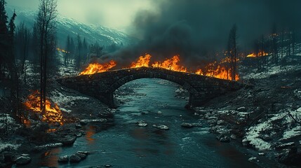 A bridge over a river during a wildfire showcases the stark reality of climate impacts on infrastructure.