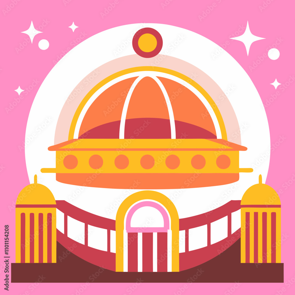 Poster an abstract dome building with a green path and three figures. the vibrant colors and geometric patt