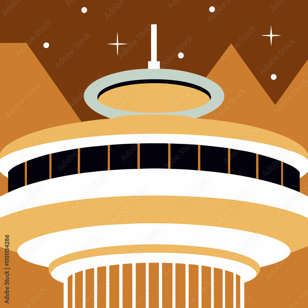 Poster an abstract dome building with a green path and three figures. the vibrant colors and geometric patt