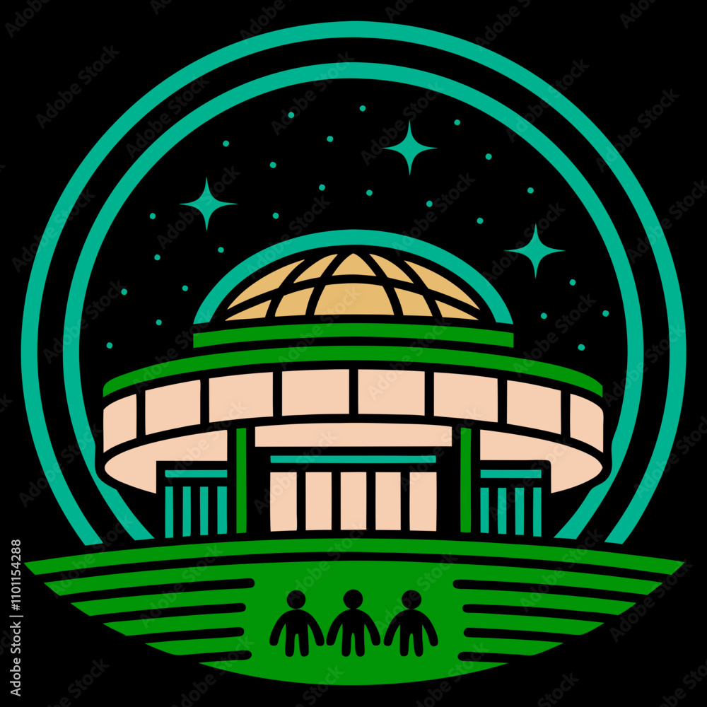 Poster An abstract dome building with a green path and three figures. The vibrant colors and geometric patterns make it a striking and unique digital artwork. Perfect for commercial use and printables design