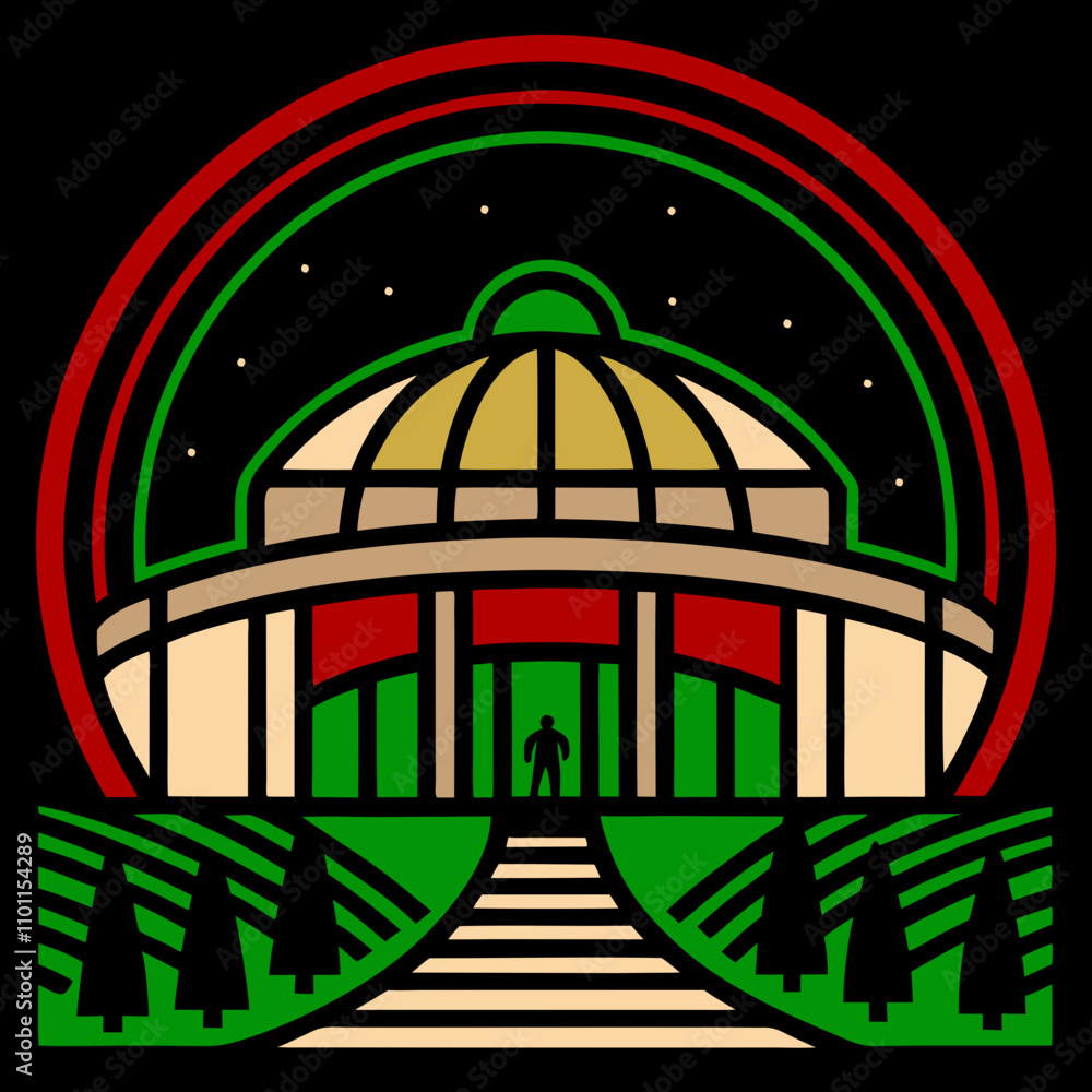 Poster an abstract dome building with a green path and three figures. the vibrant colors and geometric patt